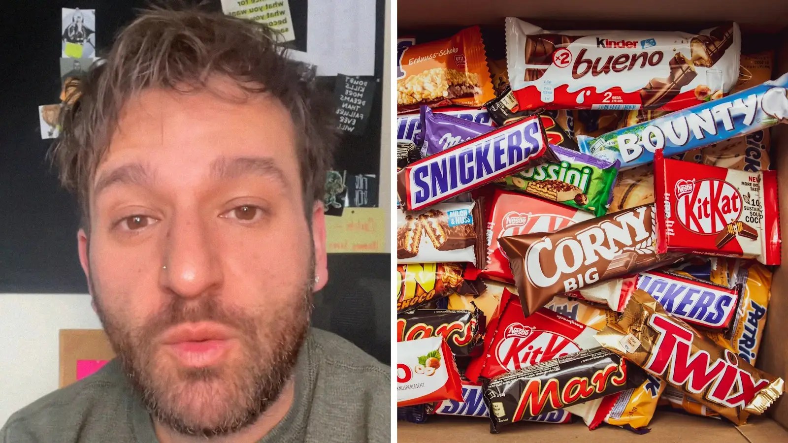 man shares chocolate bar opinion (l) mixture of chocolate bars (r)