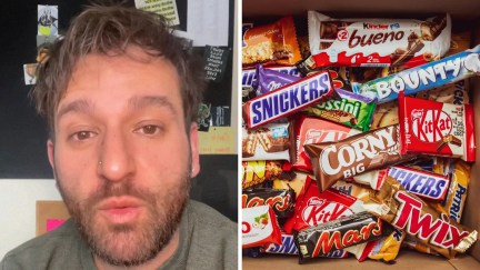 man shares chocolate bar opinion (l) mixture of chocolate bars (r)