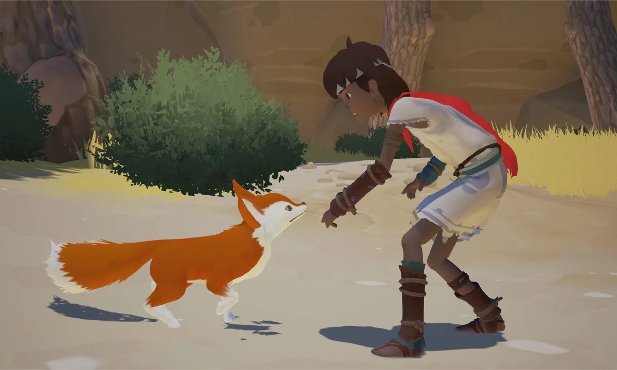 A boy pets a fox creature in "RiME"