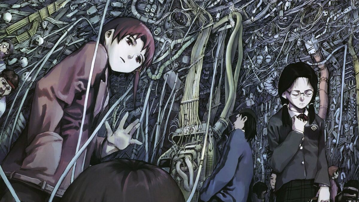 A group of middle schoolers stand in a room full of computer wires in "Serial Experiments Lain"