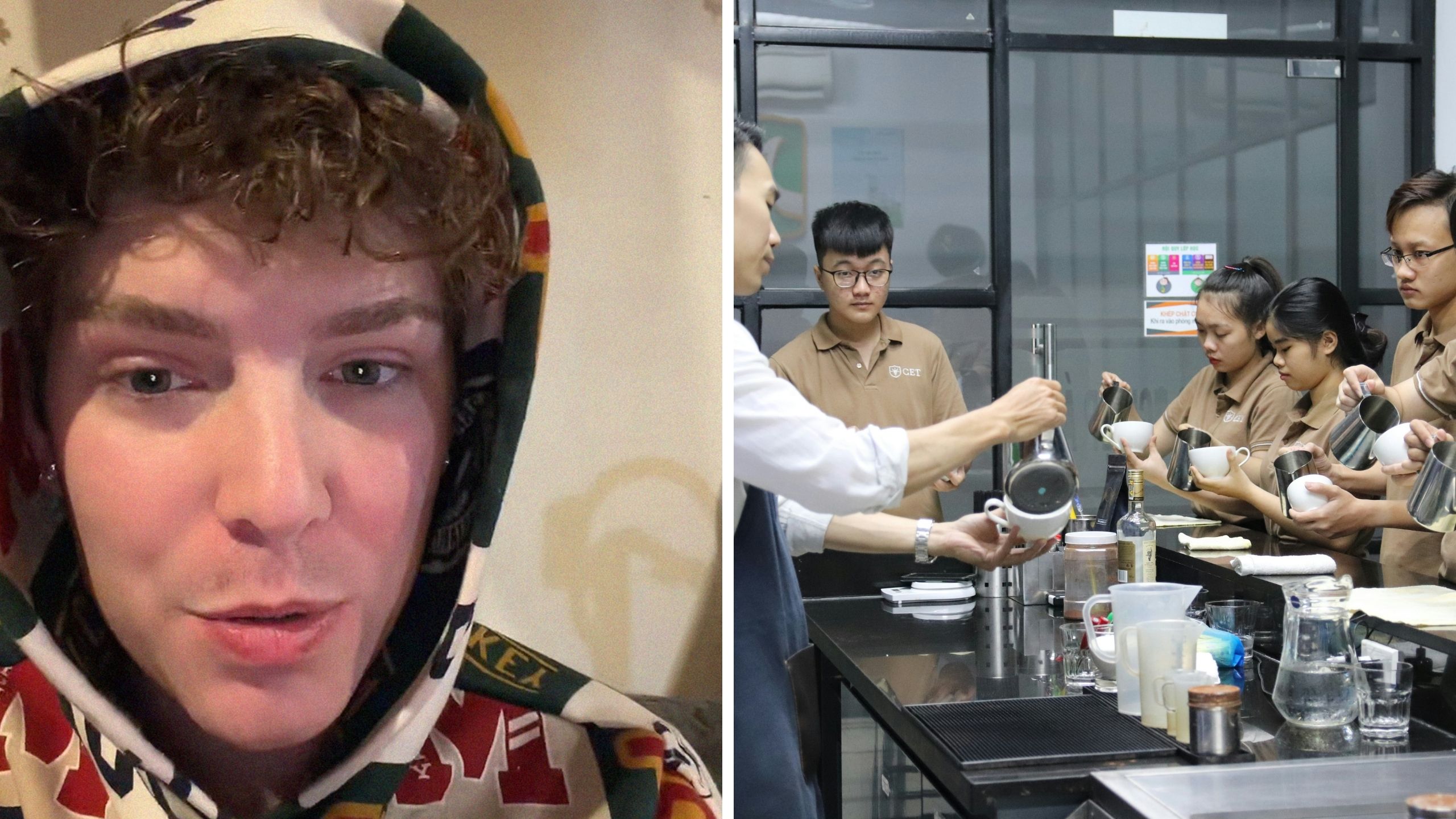 man shares training experience (l) server training session (r)