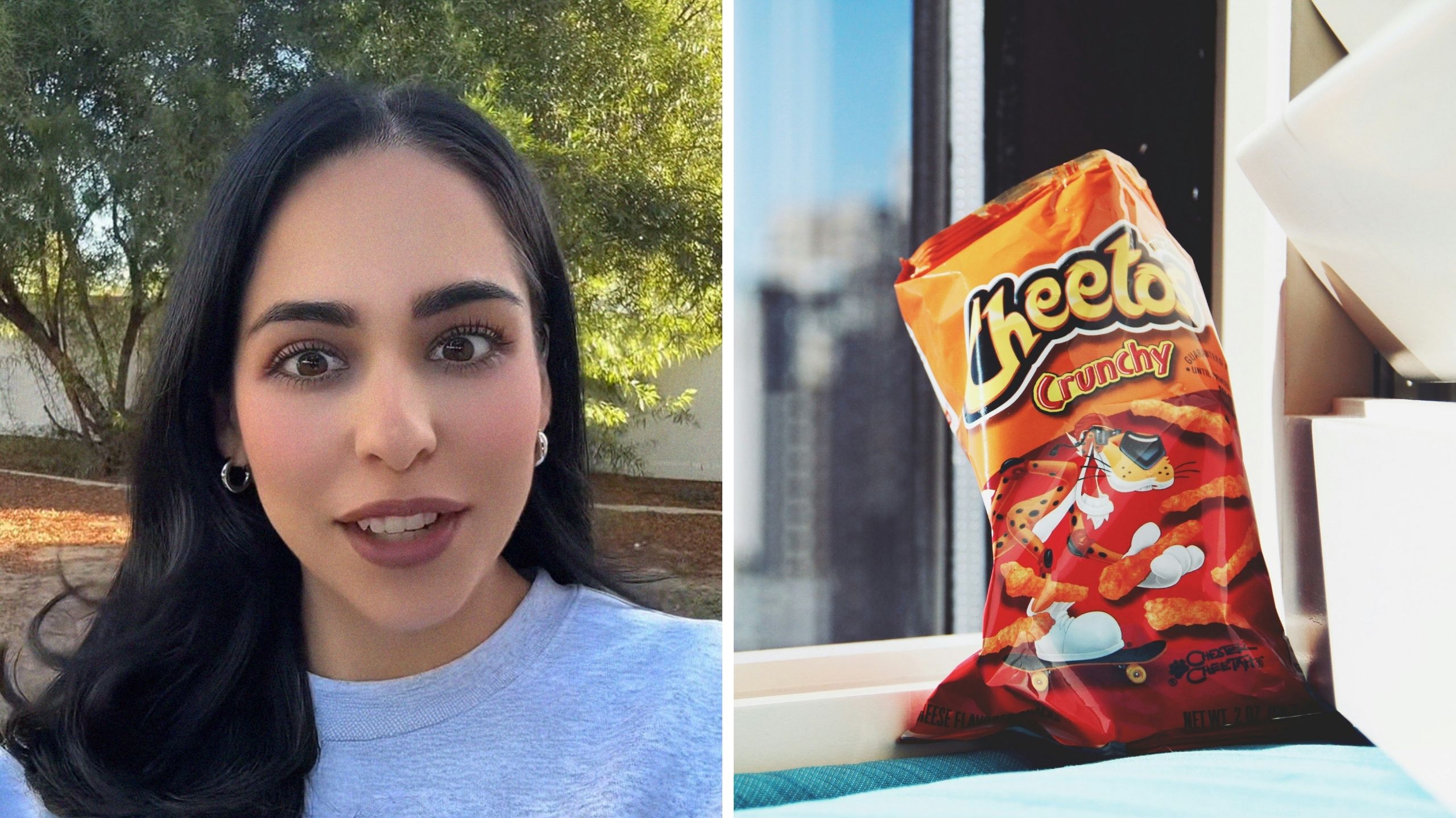 woman shares chips discovery (l) cheetos chips (r)