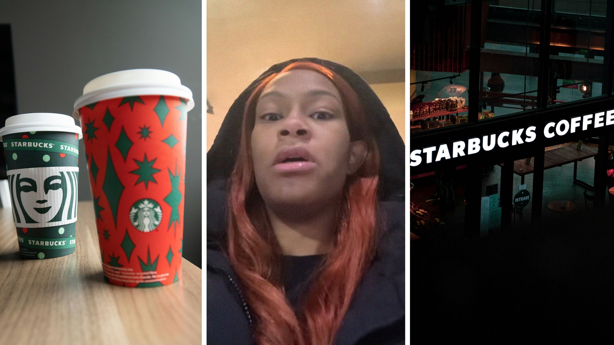 starbucks cups (l) woman share purchasing issue (c) starbucks entrance (r)