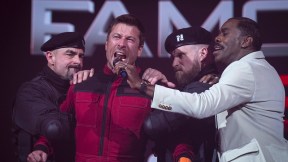 Glen powell yelling into colman domingo's mic in the running man