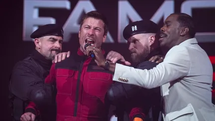 Glen powell yelling into colman domingo's mic in the running man