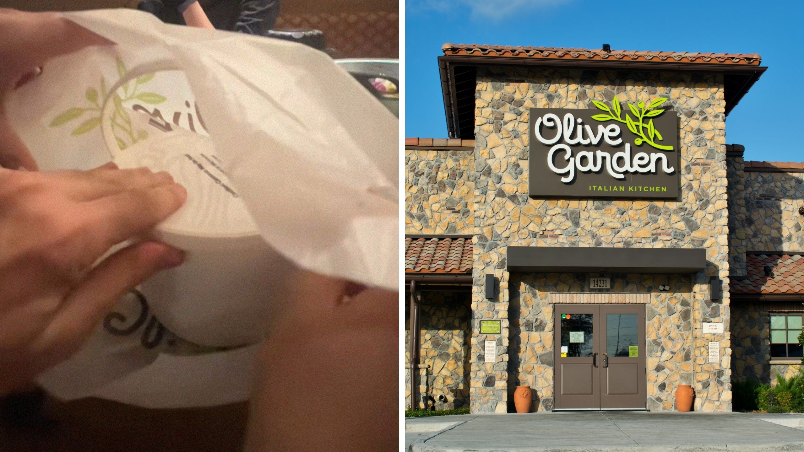 bucket inside bag (l) olive garden entrance (r)
