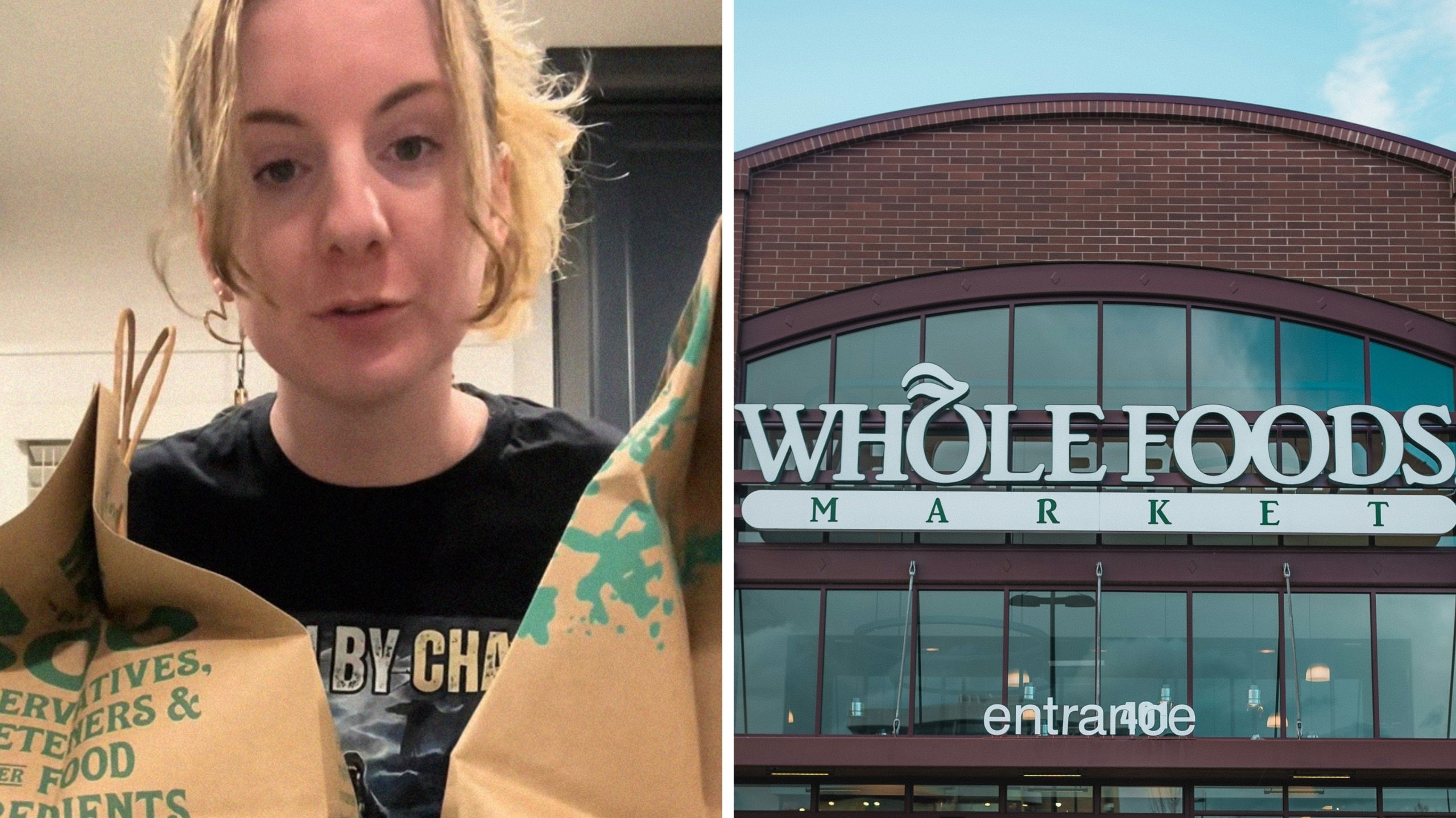 woman shares purchase (l) whole foods entrance (r)
