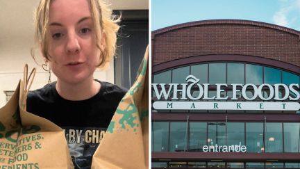 woman shares purchase (l) whole foods entrance (r)