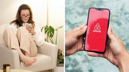 woman sending message (l) air bnb app (r)