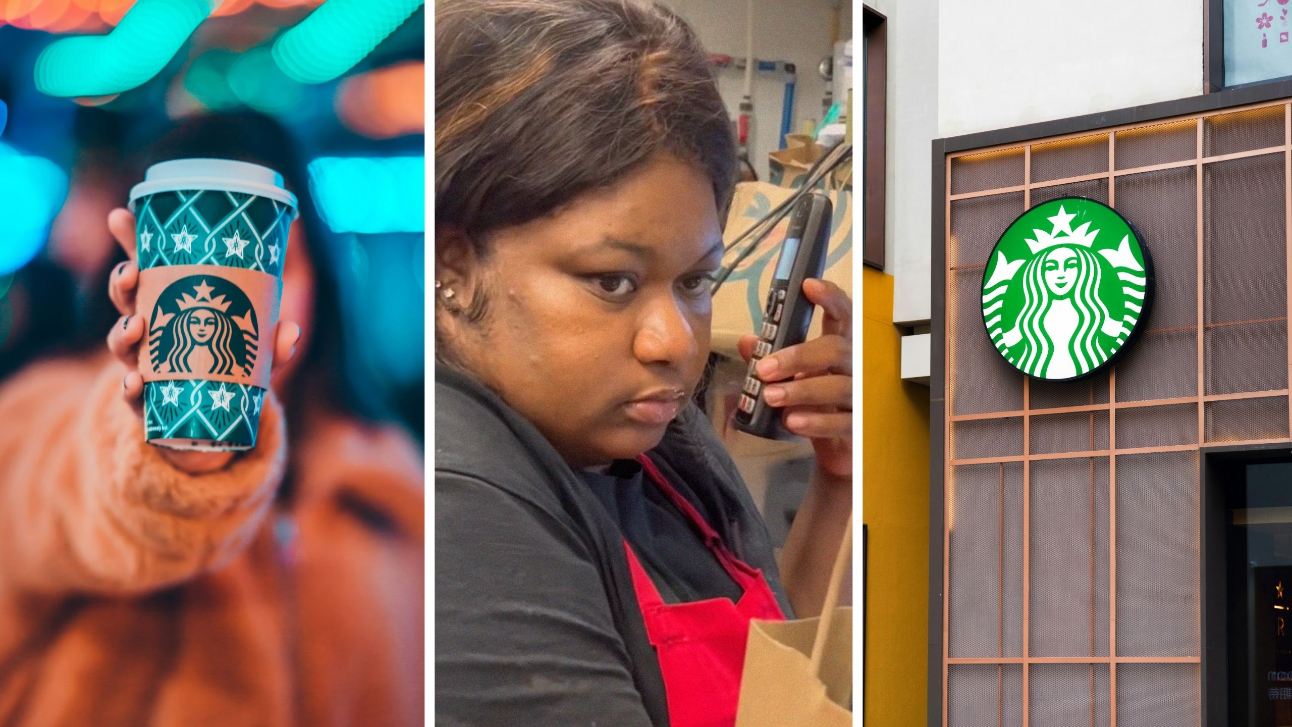 starbucks christmas merch (l) worker on the phone (c) starbucks entrance (r)