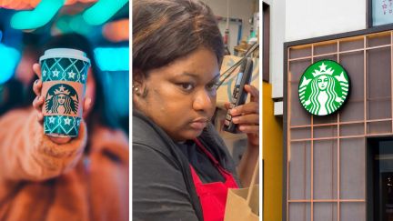 starbucks christmas merch (l) worker on the phone (c) starbucks entrance (r)