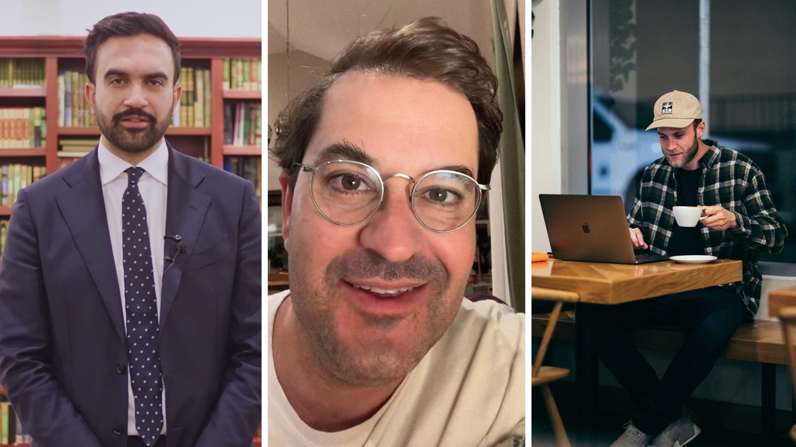 zohran mamdani (l) man shares conversation he heard (c) man working on laptop at public place (r)