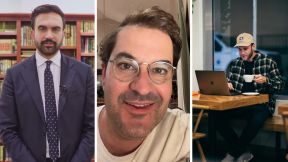 zohran mamdani (l) man shares conversation he heard (c) man working on laptop at public place (r)