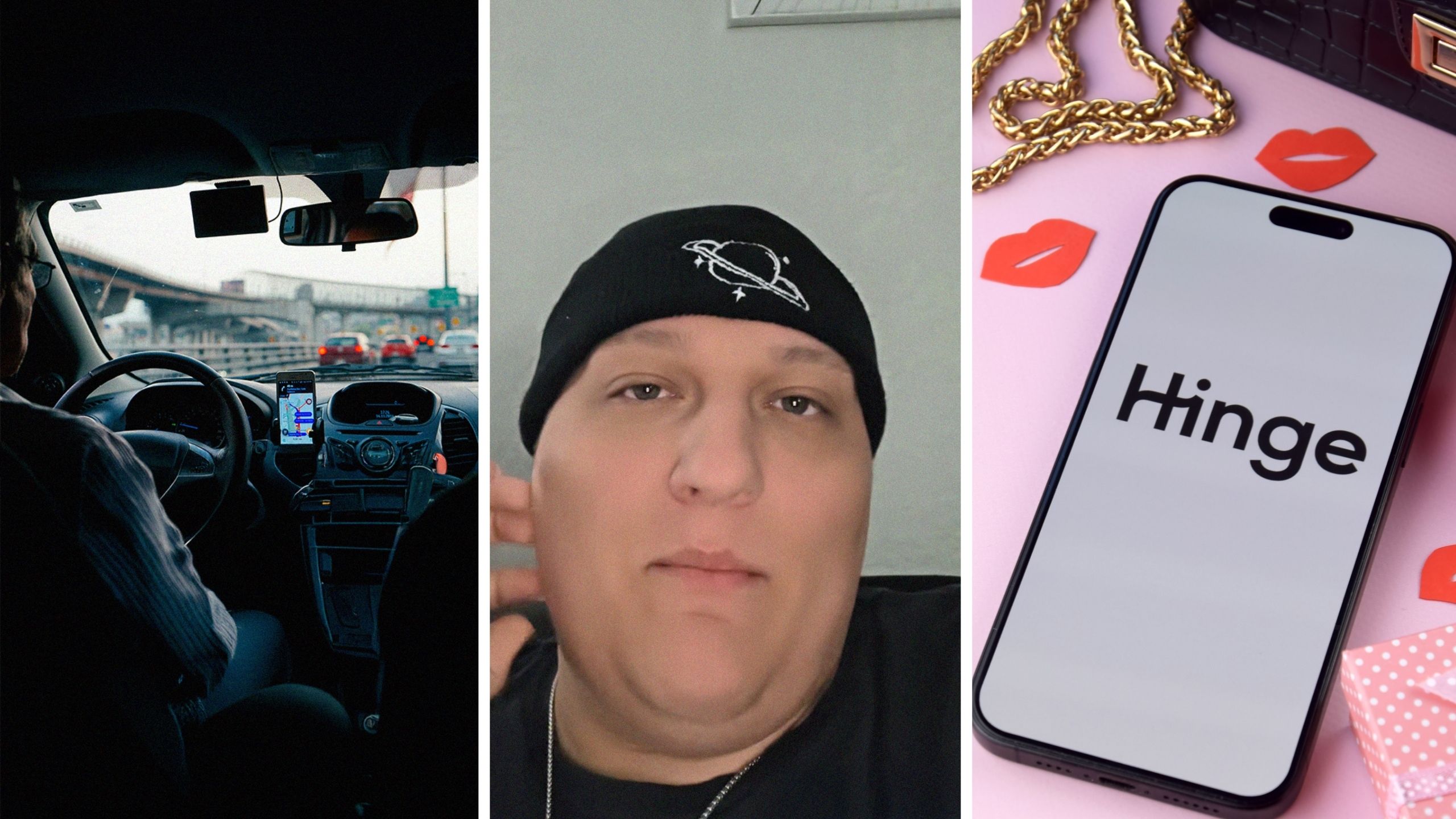 man driving a passenger (l) man shares work experience (c) hinge app (r)