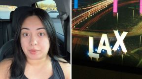 woman shares flight issues (l) los angeles airport entrance (r)