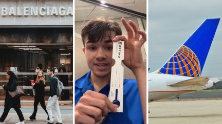 balenciaga store entrance (l) man shares bag tag information (c) united airlines logo (r)