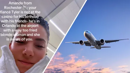 view of woman's face with text overlay(l) Airplane taking flight with colorful sky in background(r)