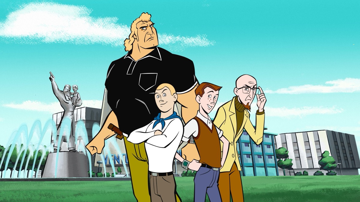 Two teenage boys stand with a mad scientist and a brolic bodyguard in "The Venture Bros." 
