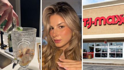 margarita jar (l) woman shares tj maxx purchase (c) tj maxx entrance (r)