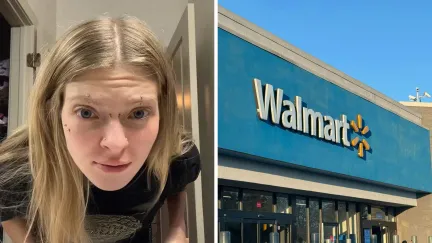 woman shares shirt encounter (l) walmart entrance (r)