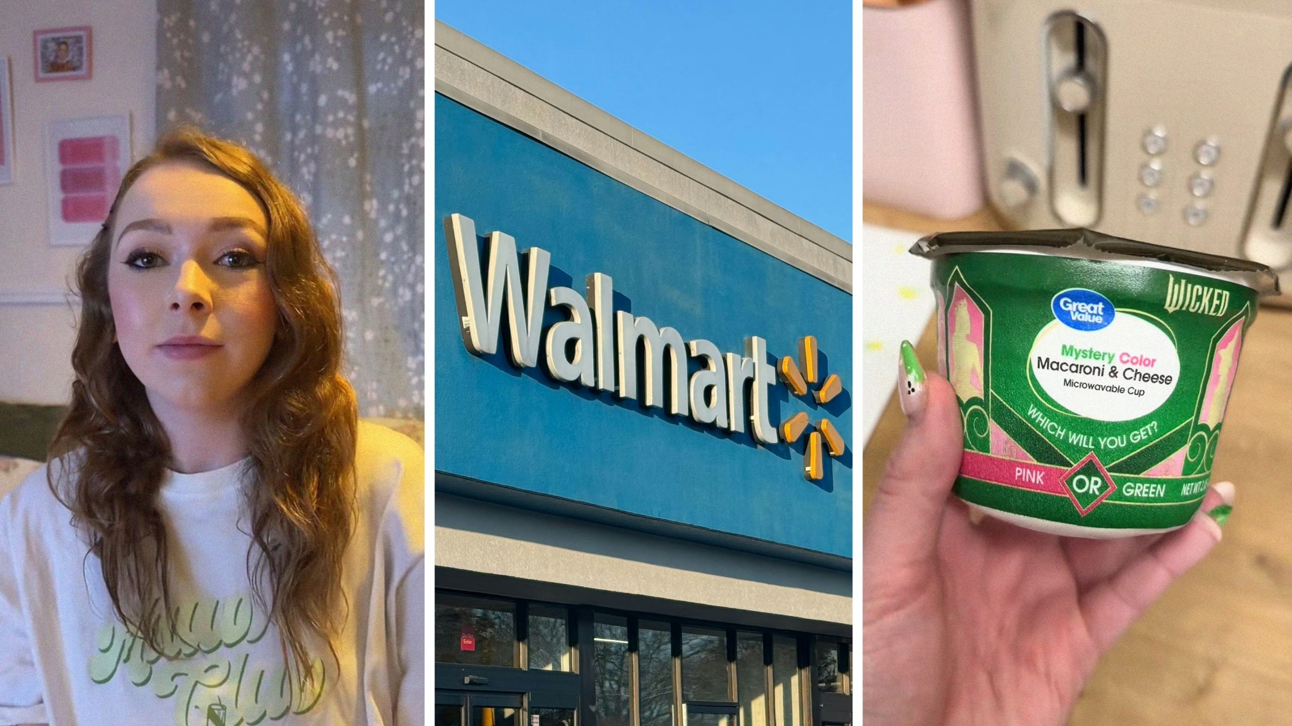 woman shares walmart purchase (l) walmart entrance (c) great value mac and cheese (r)