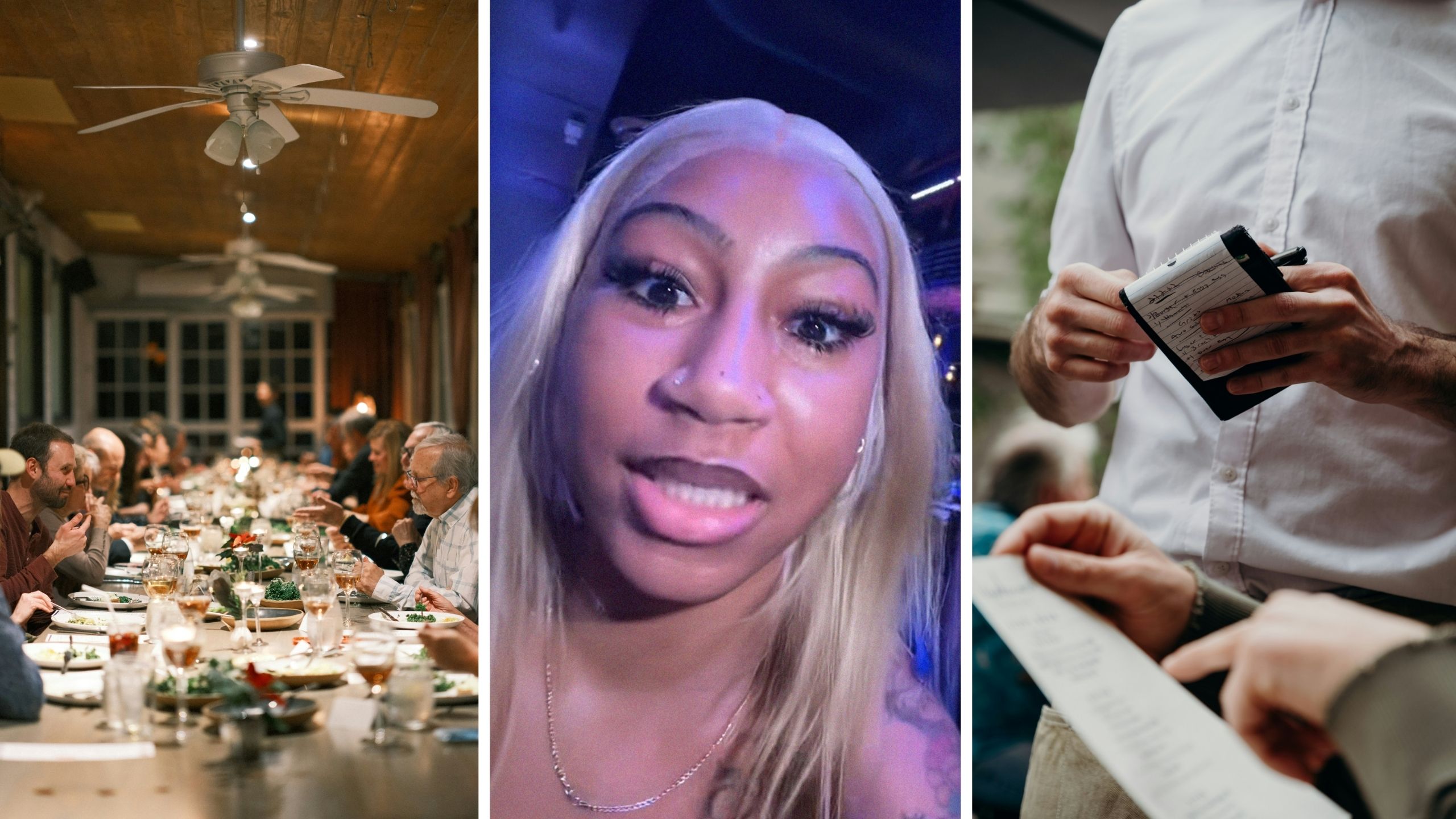 big group eating out (l) woman shares group dinner issue (c) restaurant bill (r)
