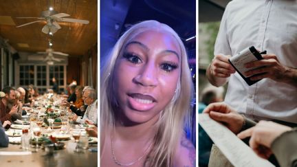 big group eating out (l) woman shares group dinner issue (c) restaurant bill (r)