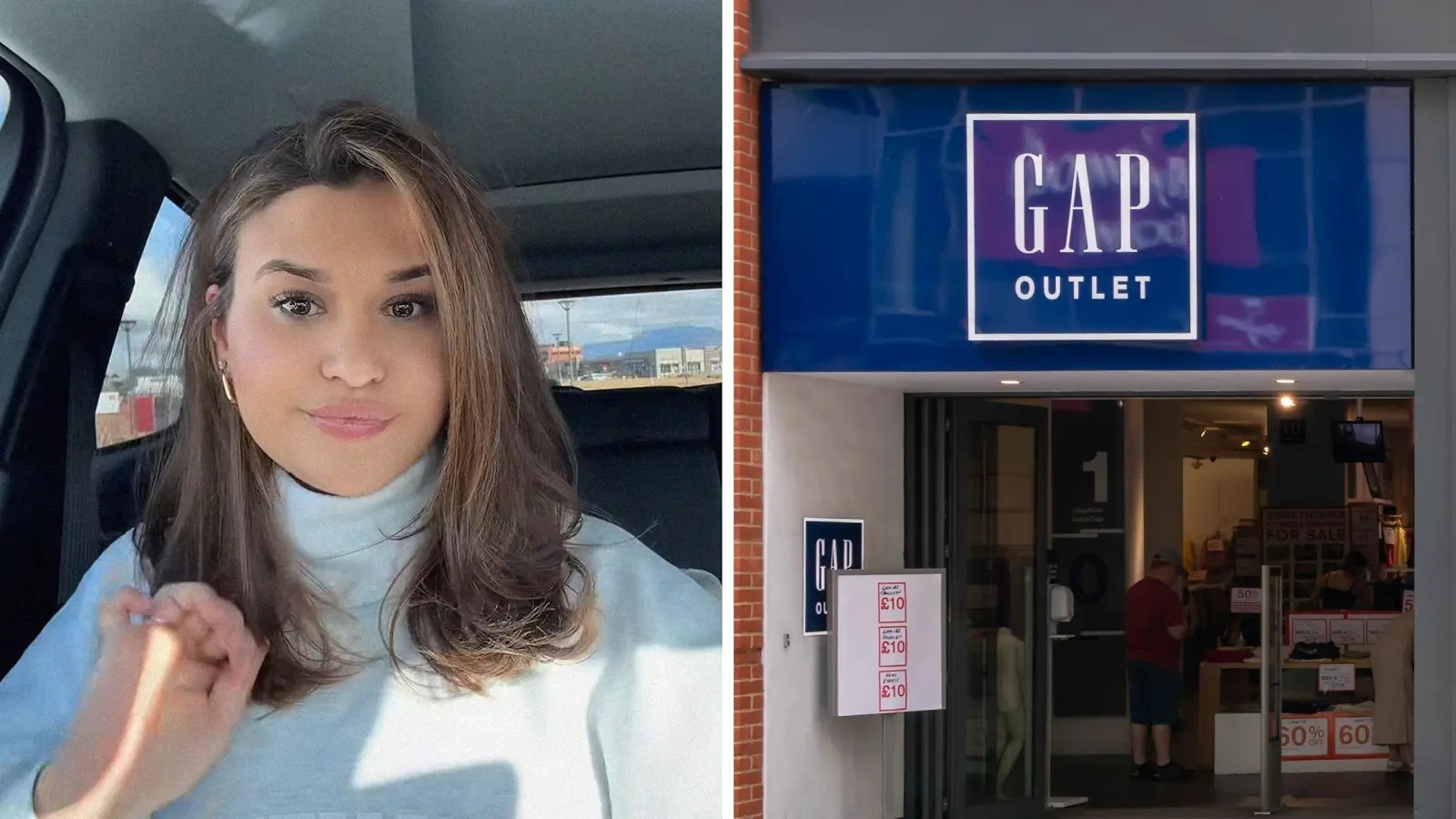woman shares gap sweatsuit issue (l) gap store front (r)