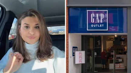 woman shares gap sweatsuit issue (l) gap store front (r)