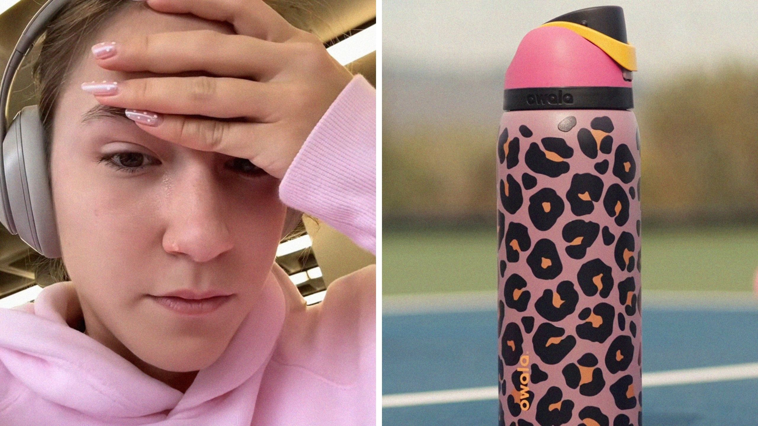 woman shares owala incident (l) owala leakproof water bottle (r)