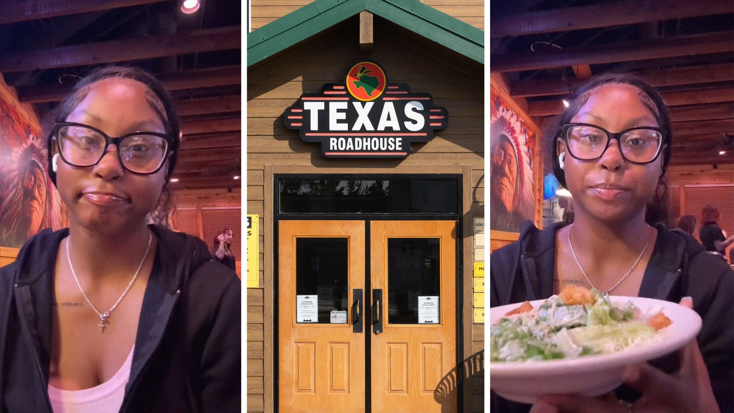woman goes out to eat (l) texas roadhouse entrance (c) woman holding up her salad (r)