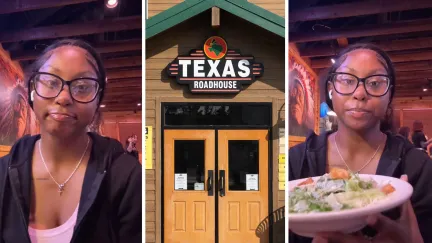woman goes out to eat (l) texas roadhouse entrance (c) woman holding up her salad (r)