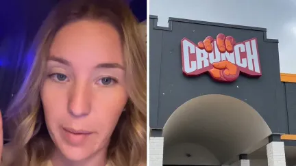 woman shares gym issue (l) crunch fitness entrance (r)