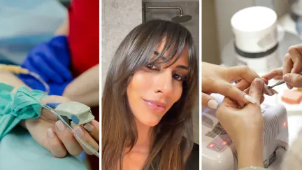 woman in hospital bed (l) woman shares horrible salon effect (c) manicure appointment (r)