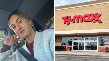 woman shares shopping experience (l) tj maxx entrance (r)