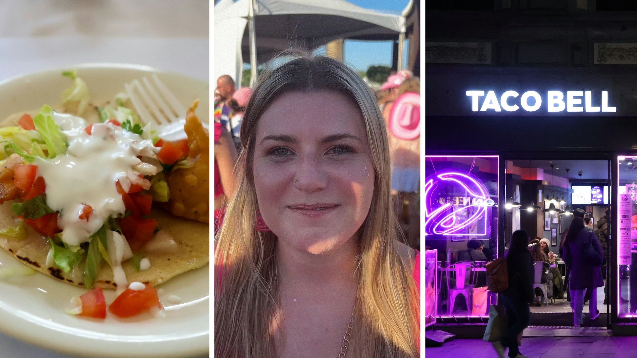 soft shell taco (l) woman shares purchase (c) taco bell entrance (r)