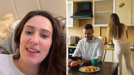 woman shares how relationship ended (l) man texting while wife gives her back (r)