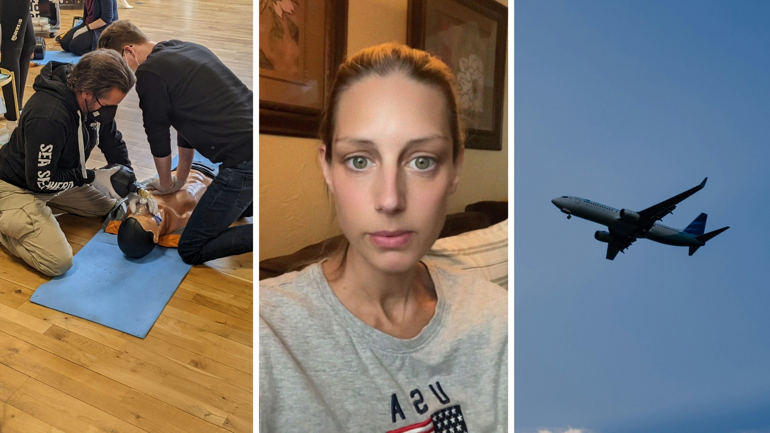 performing cpr (l) woman shares flight emergency experience (c) plane in the sky (r)