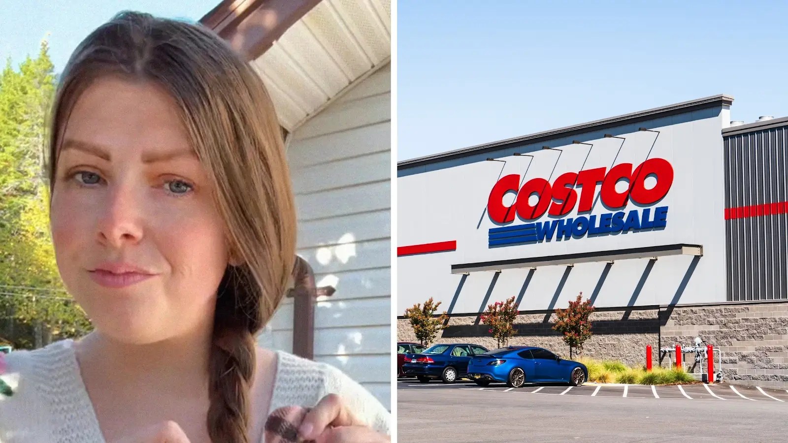woman shares costco hack (l) costco store entrance (r)