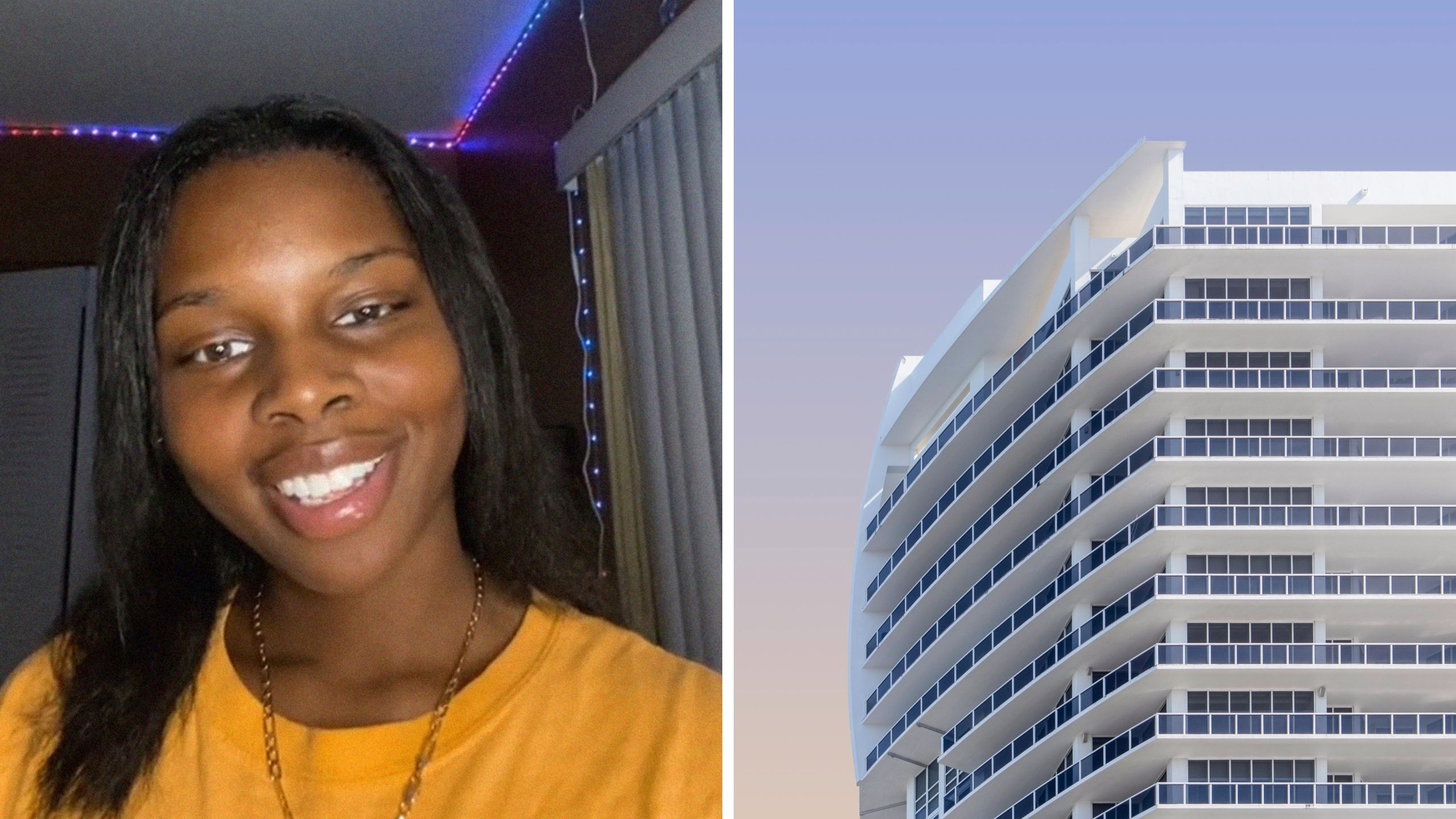 woman shares miami apartment views(l) apartment building in miami (r)