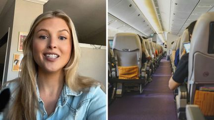 woman shares flight experience (l) passengers in flight (r)