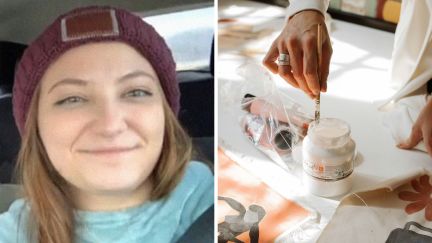 woman shows painting skills (l) woman holding paint brush (r)