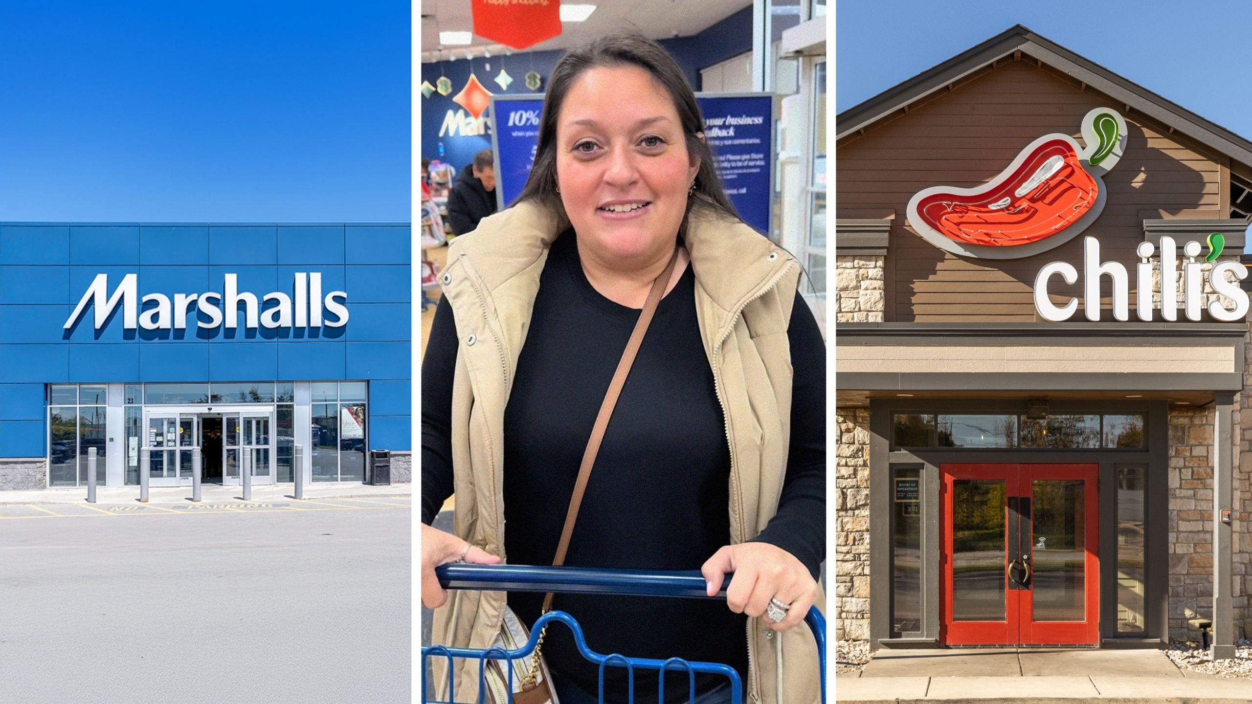 marshalls entrance (l) woman shares shopping after drinking (c) chilli's entrance (r)