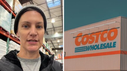 woman shares costco tips (l) costco store entrance (r)