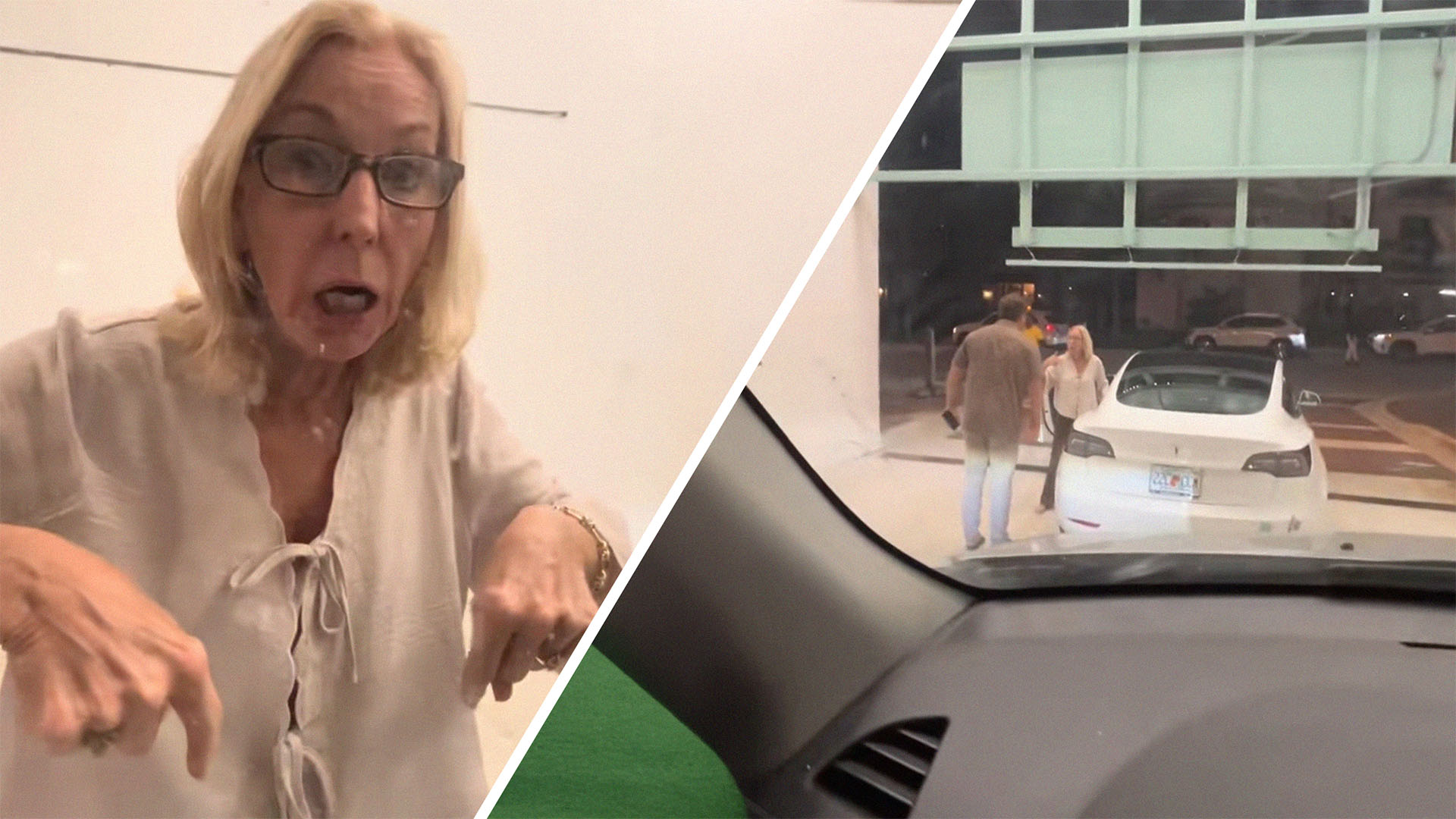 Angry woman Infront of car window(l) man and woman arguing Infront of entrance(r)