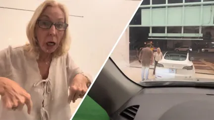 Angry woman Infront of car window(l) man and woman arguing Infront of entrance(r)