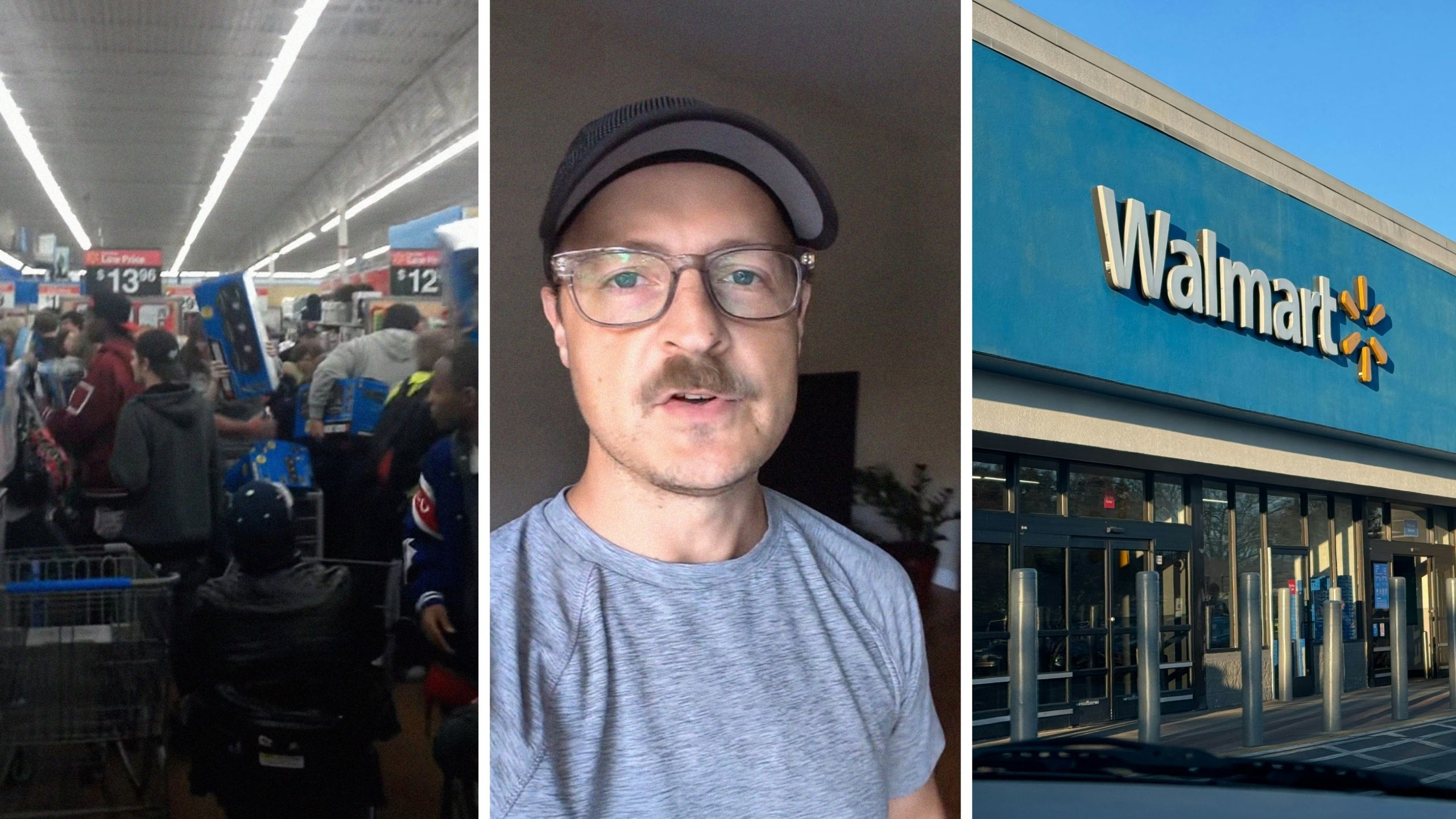chaotic black friday store scene (l) man shares black friday rush (m) walmart store front (r)