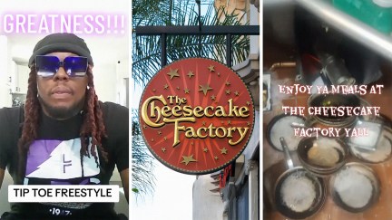 Close up of man wearing sunglasses(l) Cheesecake factory sign(c) View of dirty dishes inside of Cheesecake factory restaurant(r)