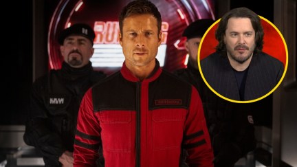 glen powell in the running man with a little image of edgar wright