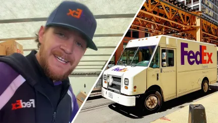 FedEx worker smiling(l) view of FedEx truck(r)